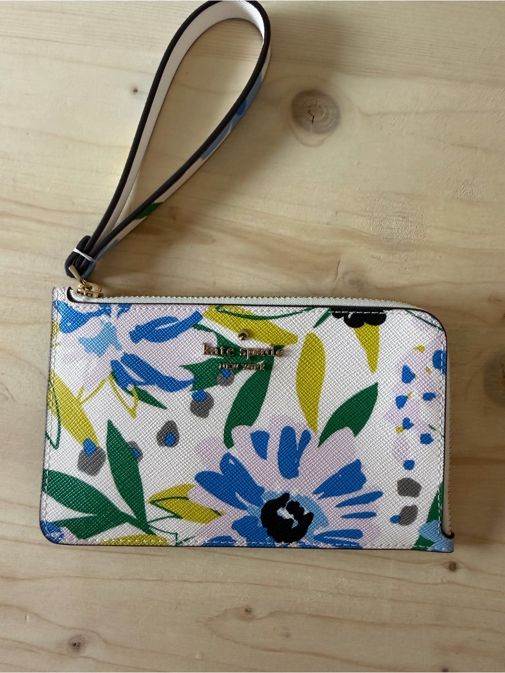 kate spade White Floral Zip Wristlet with Blue, Green & Yellow Accents